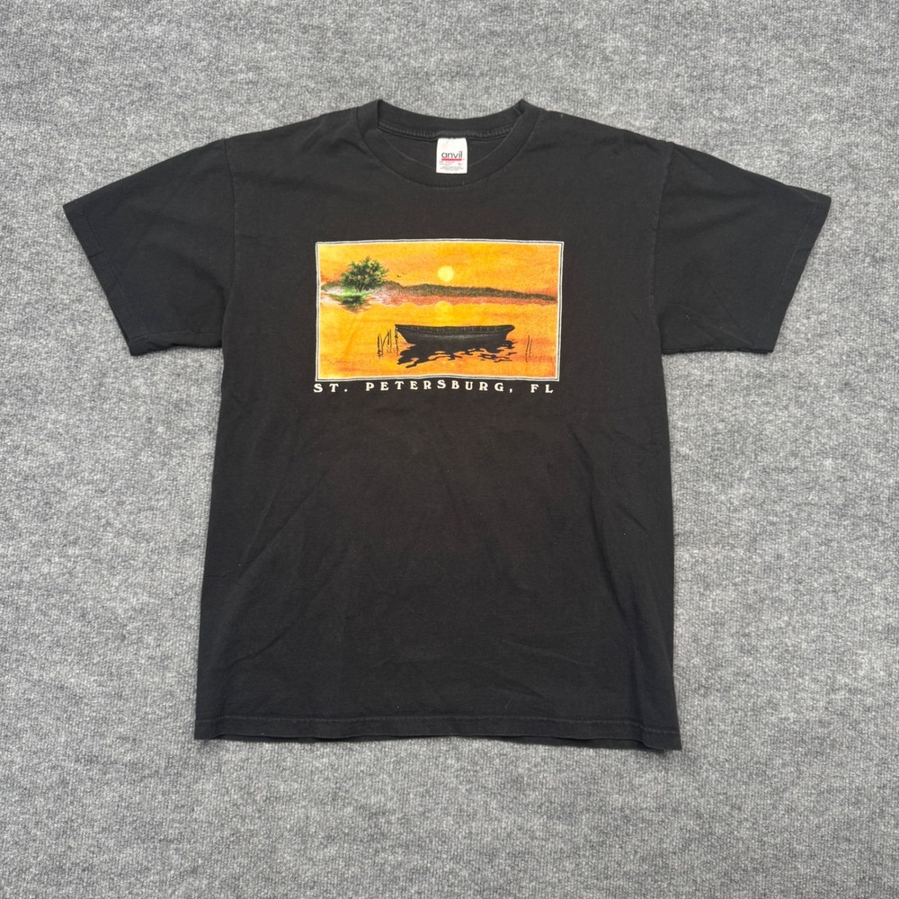 Vintage Anvil St Petersburg Florida Sunset Graphic T-Shirt Mens Large Black USA